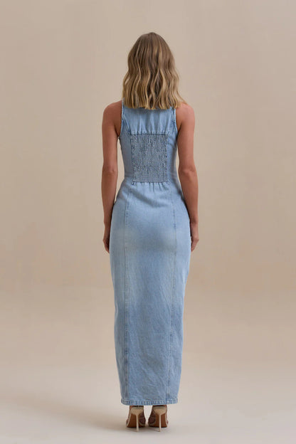 Robe longue en jean pour femme avec boutons sur le devant