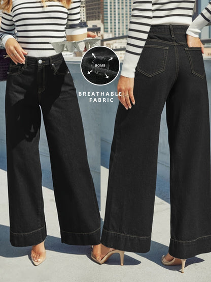 Jean en denim extensible taille haute à jambes larges avec ourlet revers