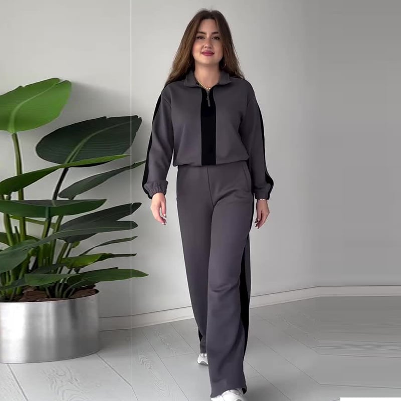 Ensemble chic 2 pièces avec haut à col à fermeture éclair et pantalon