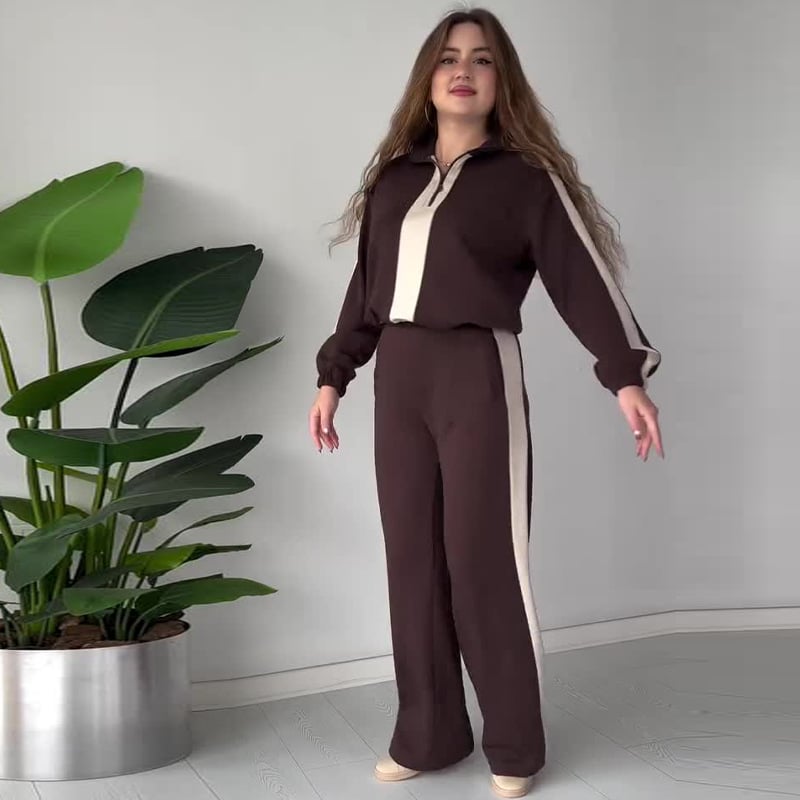 Ensemble chic 2 pièces avec haut à col à fermeture éclair et pantalon