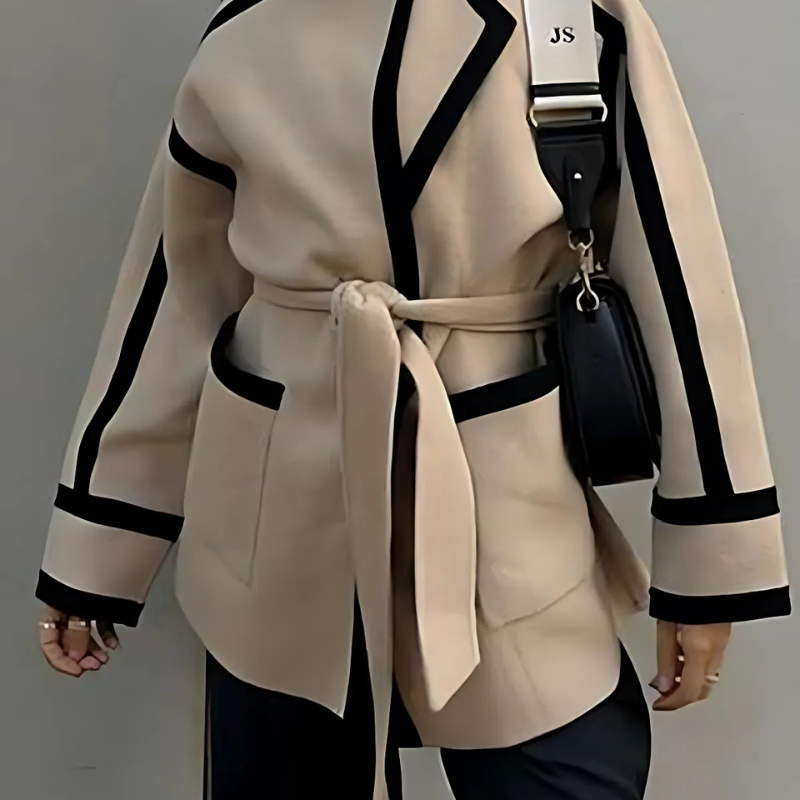 Blazer ceinturé chic à détail contrasté pour femme