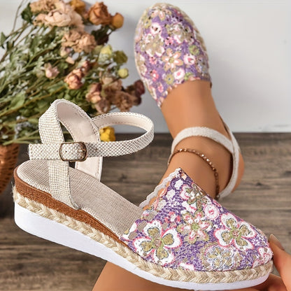 Sandales Compensées À Lanière Boucle Florale Femme