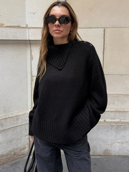 Pull-over ample à col roulé boutonné confortable