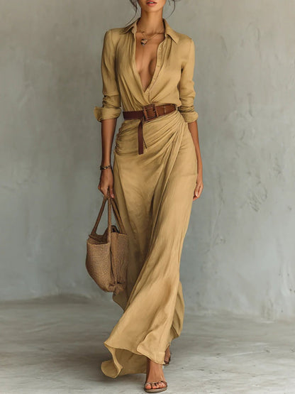 Robe longue élégante à manches longues ajustée avec col à revers