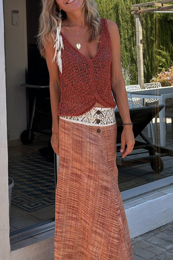 Débardeur bohème tricoté à col en V torsadé ajouré