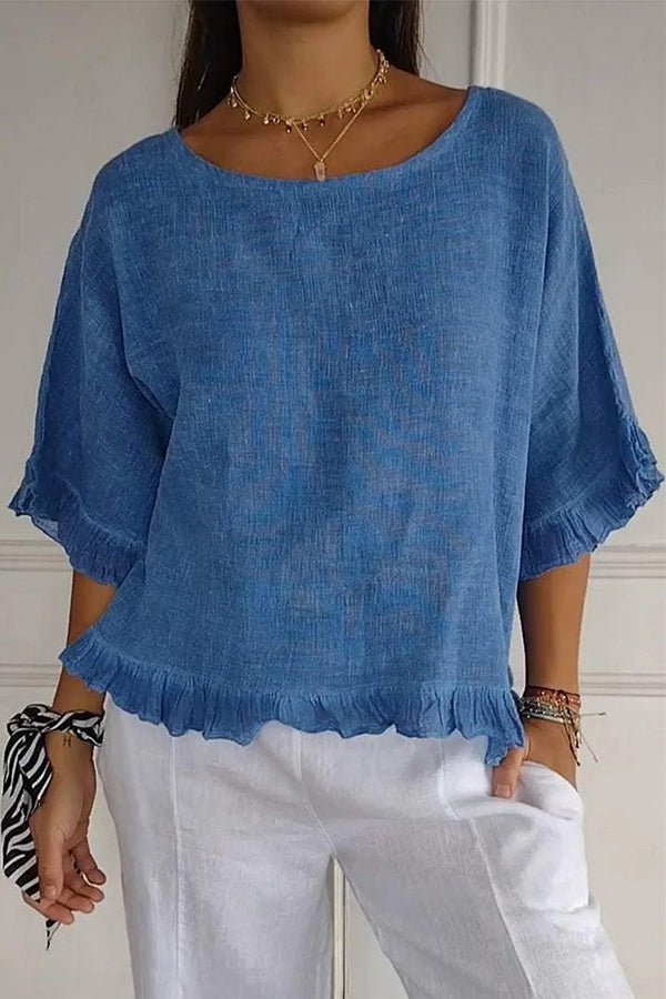Haut décontracté avec volants et col rond pour femmes