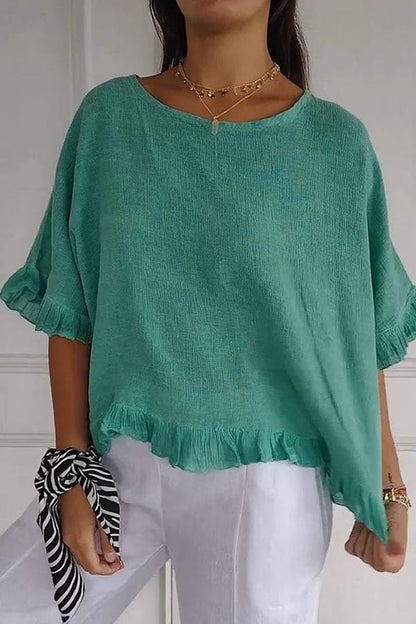 Haut décontracté avec volants et col rond pour femmes
