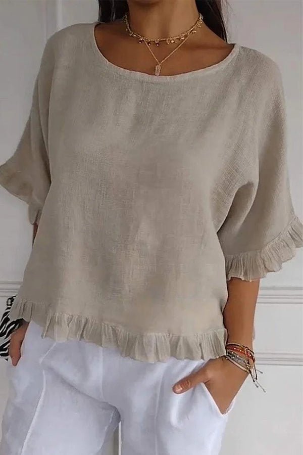 Haut décontracté avec volants et col rond pour femmes