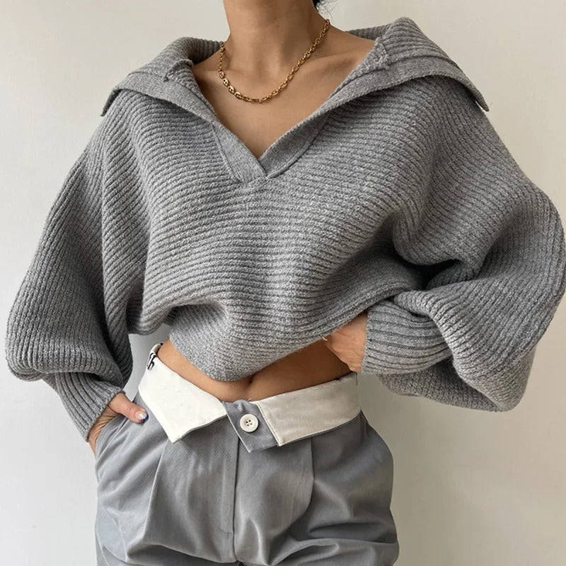 Pull en maille à manches lanterne confortables et col ouvert