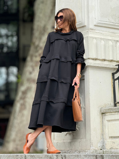 Robe Noire Décontractée à Volants pour Femme
