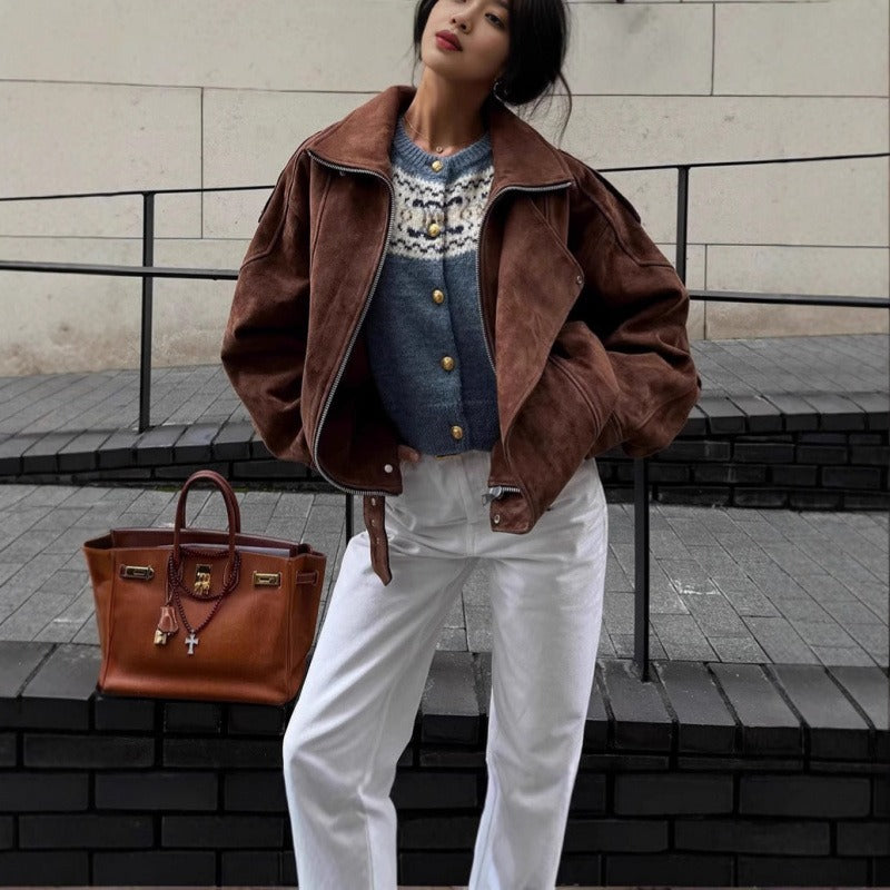 Veste Bombers Surdimensionnée Aspect Daim avec Fermeture Éclair Asymétrique