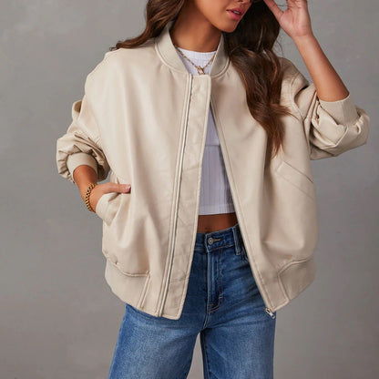 Veste Bomber Classique en Cuir à Zip Élégante Outerwear