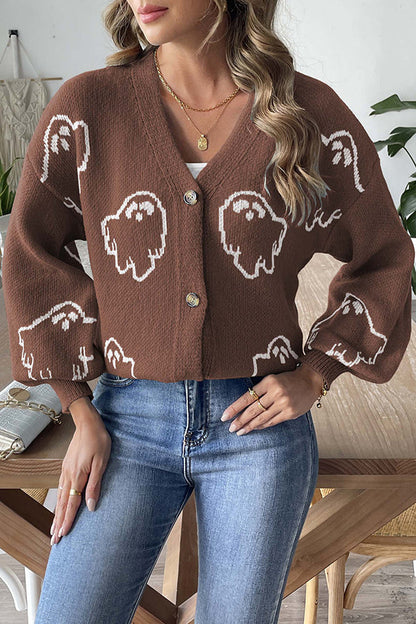 Cardigan boutonné en maille avec fantôme d'Halloween douillet