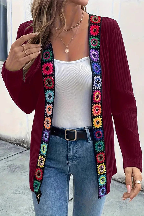 Cardigan à manches longues en maille avec bordure florale bohème