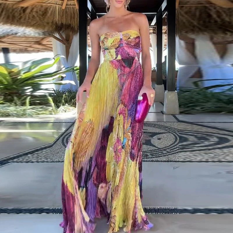 Robe Maxi Fleurie avec Encolure en Cœur et Détails Plissés