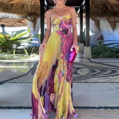 Robe Maxi Fleurie avec Encolure en Cœur et Détails Plissés