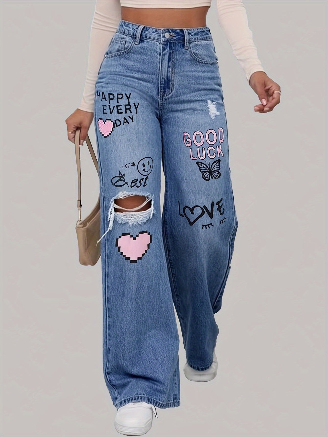 Jean en denim imprimé graphique taille haute à jambes larges