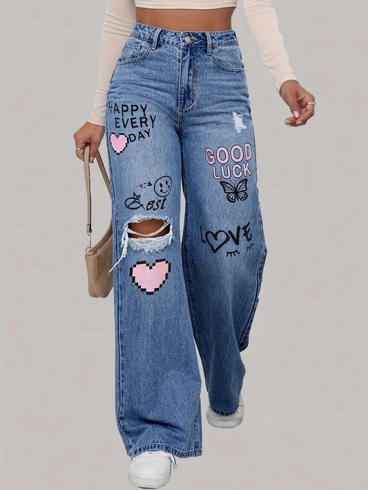 Jean en denim imprimé graphique taille haute à jambes larges