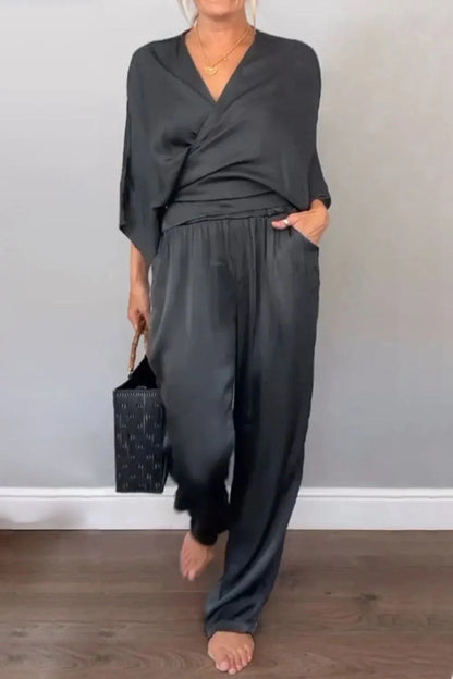 Ensemble Chic Haut Cache-cœur et Pantalon Décontracté Relaxé