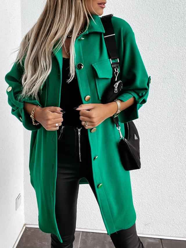 Chemise-veston longue boutonnée confortable avec col en laine et revers