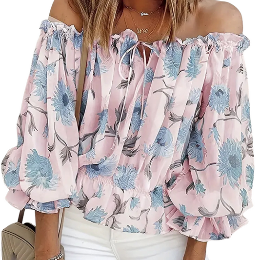 Blouse florale sans épaules avec manches bouffantes