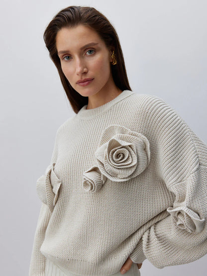 Pull en tricot à motif de rose 3D confortable avec coupe décontractée ample