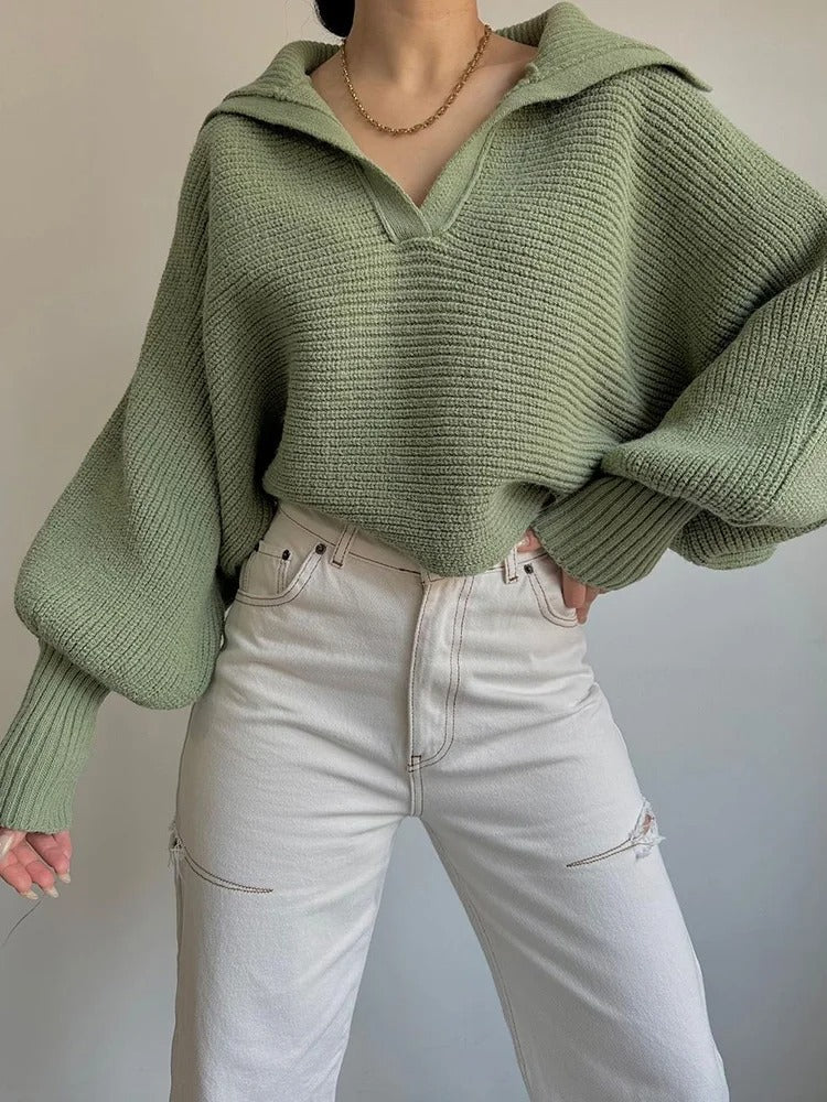 Pull en maille à manches lanterne confortables et col ouvert