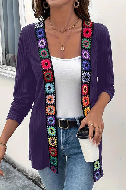 Cardigan à manches longues en maille avec bordure florale bohème