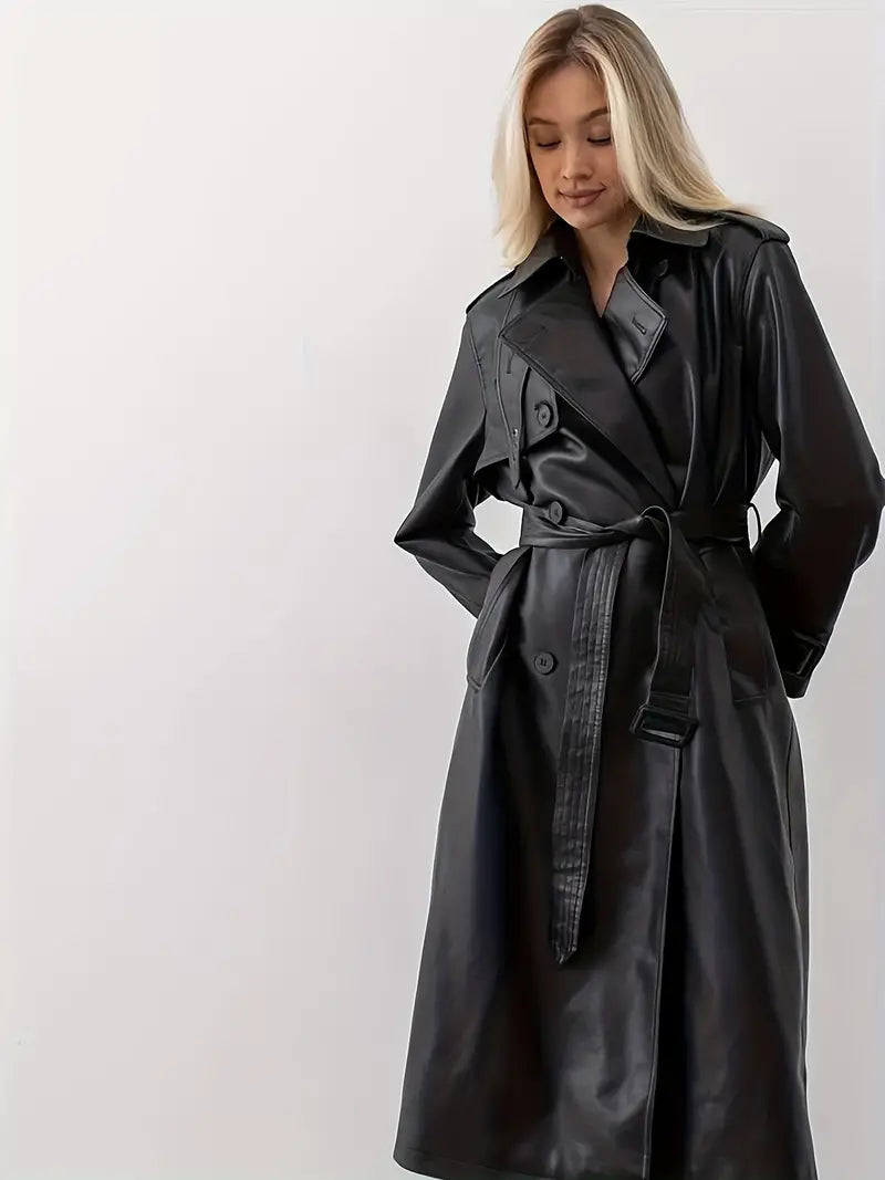 Manteau Trench Ceinturé en Cuir Noir Femme Élégant