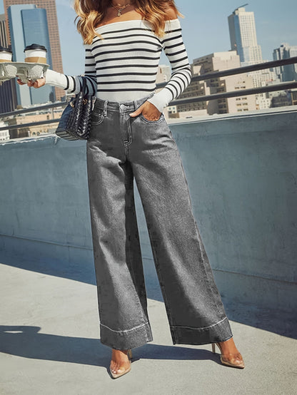 Jean en denim extensible taille haute à jambes larges avec ourlet revers