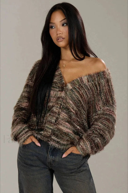 Cardigan Tricoté Vintage Rayé Col V Confortable