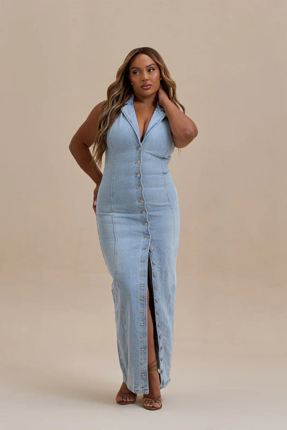 Robe longue en jean pour femme avec boutons sur le devant
