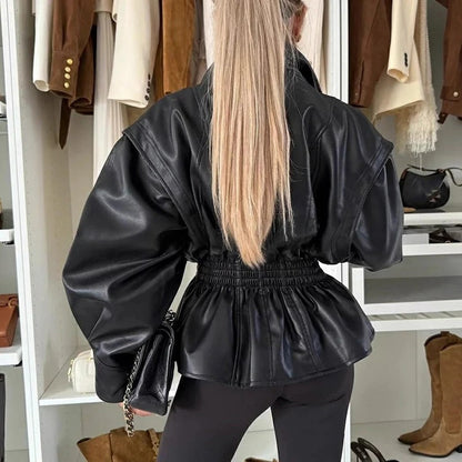 Veste Moto Chic en Similicuir à Revers avec Taille Élastique