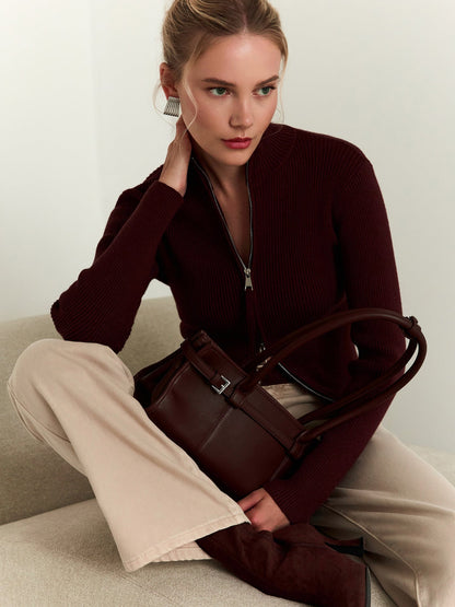 Pull en maille côtelée confortable avec fermeture éclair haute