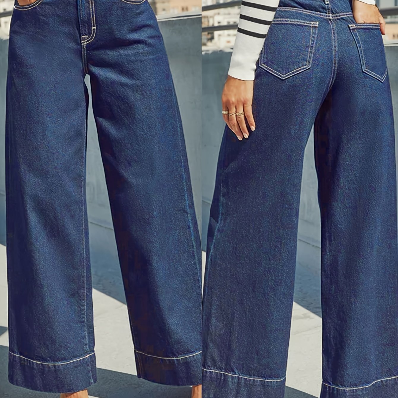 Jean en denim extensible taille haute à jambes larges avec ourlet revers