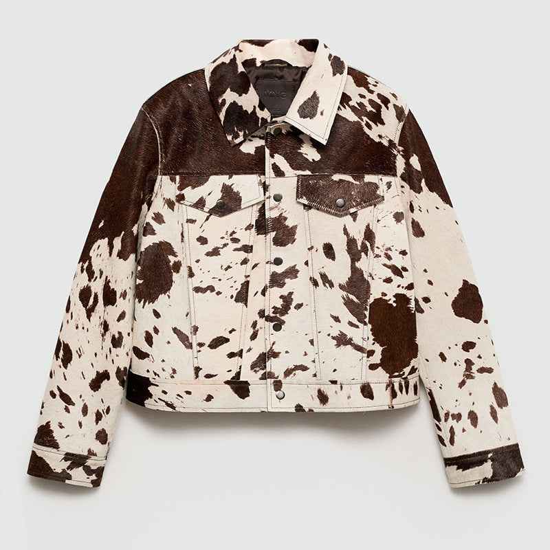 Veste à col cranté à imprimé vache avec boutons pression élégants