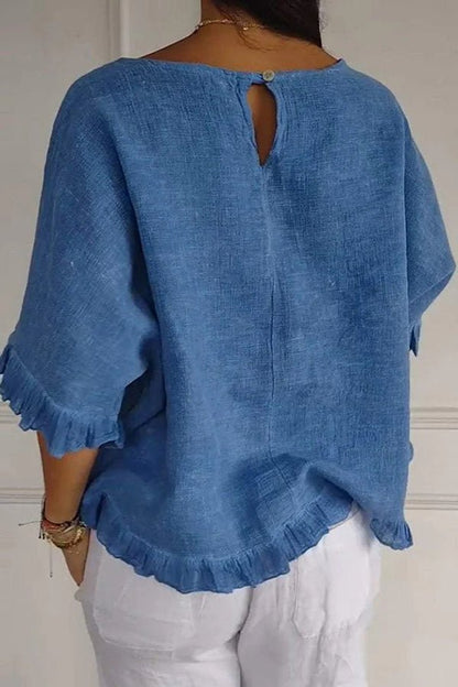 Haut décontracté avec volants et col rond pour femmes