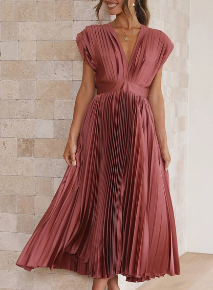 Robe Maxi Plissée Élégante à Col V pour Femmes