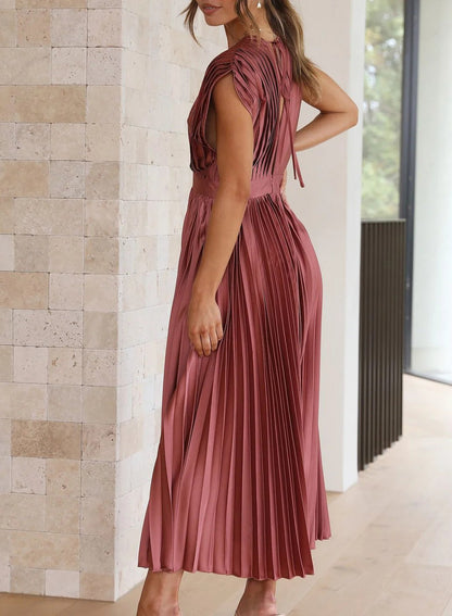 Robe Maxi Plissée Élégante à Col V pour Femmes