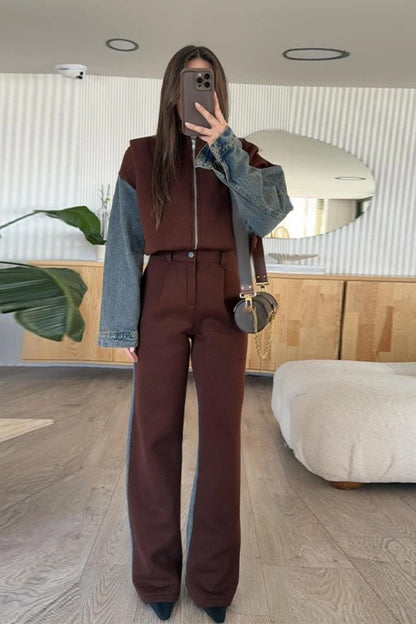 Veste Sweat-shirt Décontractée en Jean avec Patchwork et Fermeture Éclair