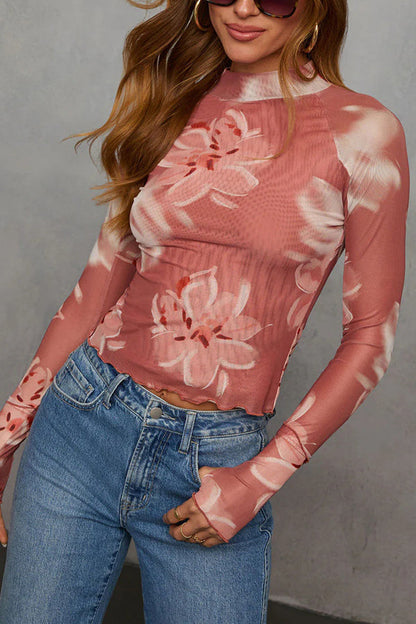Haut décontracté à manches longues ajusté avec imprimé floral