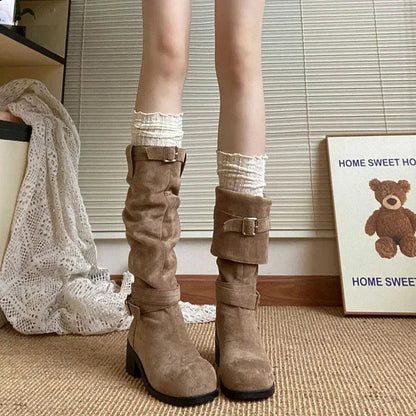 Bottes à plateforme Western en velours côtelé plié pour femmes
