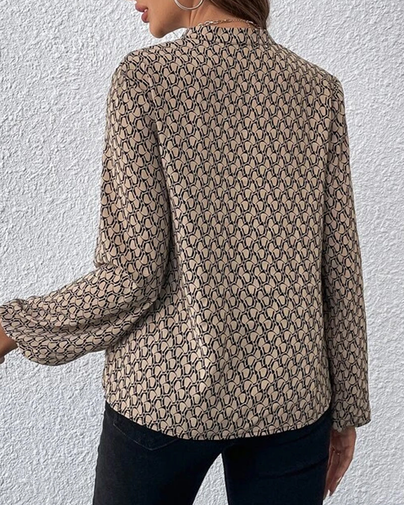 Blouse à col en V avec impression et manches longues - Haut aéré pour le bureau et les loisirs