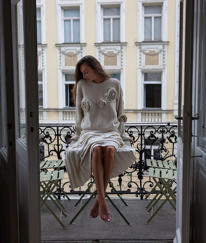 Pull en tricot à motif de rose 3D confortable avec coupe décontractée ample
