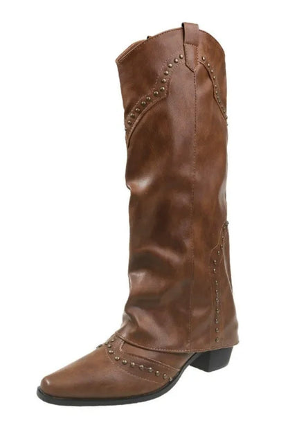 Bottes vintage à rivets en cuir à jambes hautes