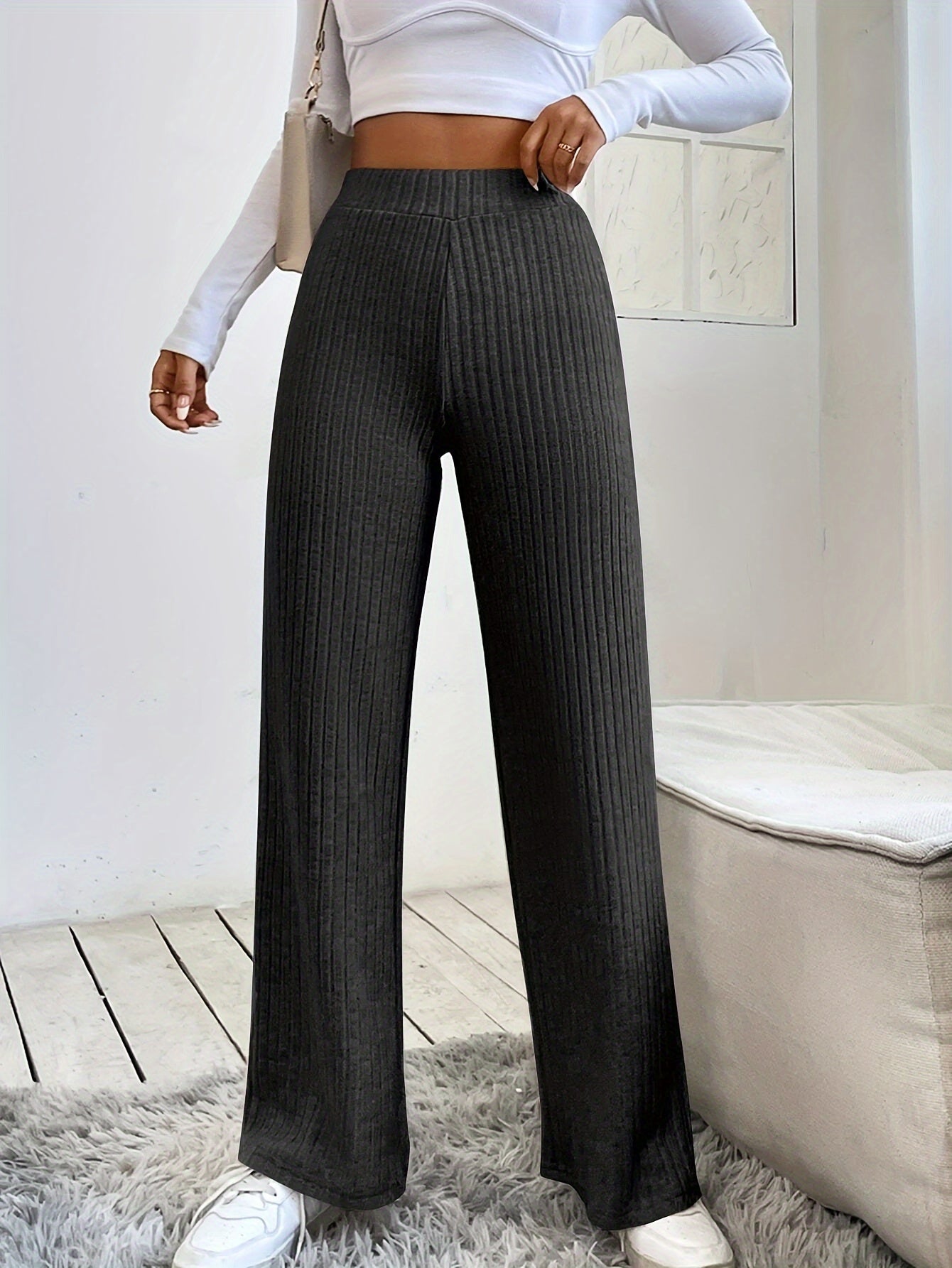 Pantalon Large Côtelé Élastique Élégant Femme