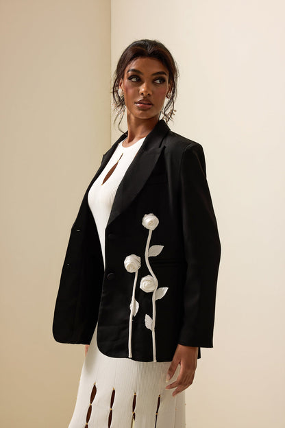 Veste Blazer à Manches Longues à Contraste Floral