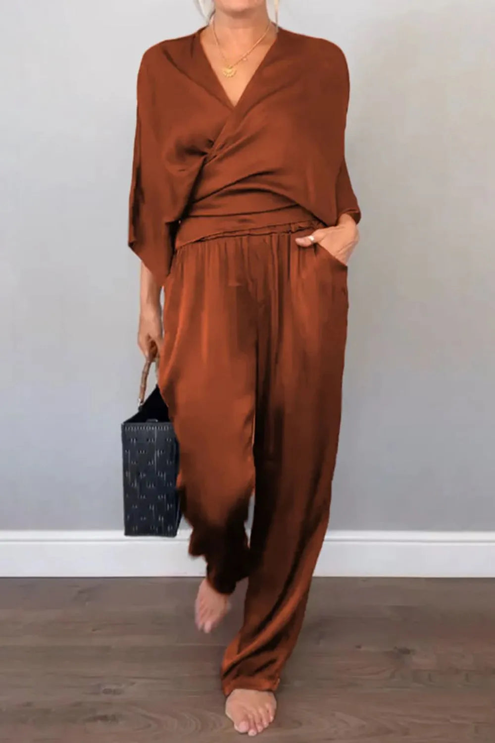 Ensemble Chic Haut Cache-cœur et Pantalon Décontracté Relaxé