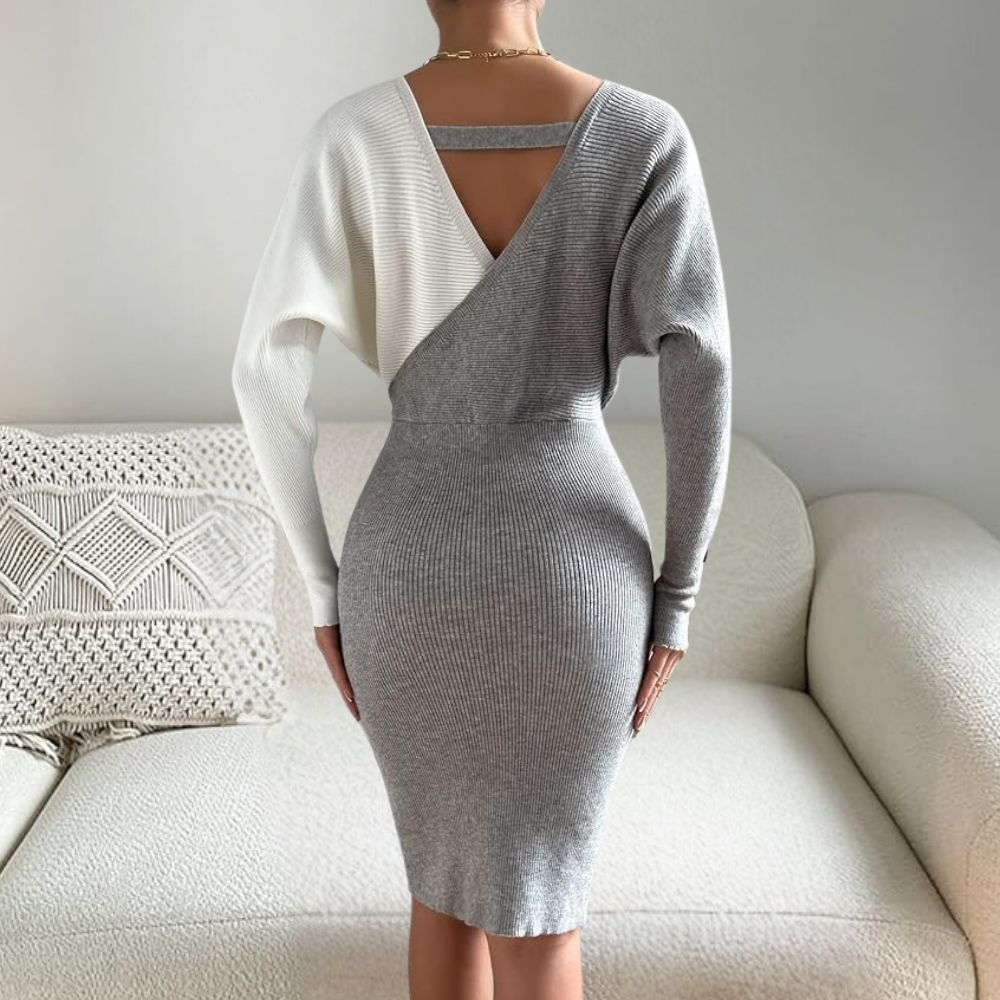 Robe Tricotée à Manches Longues Col V pour Femme