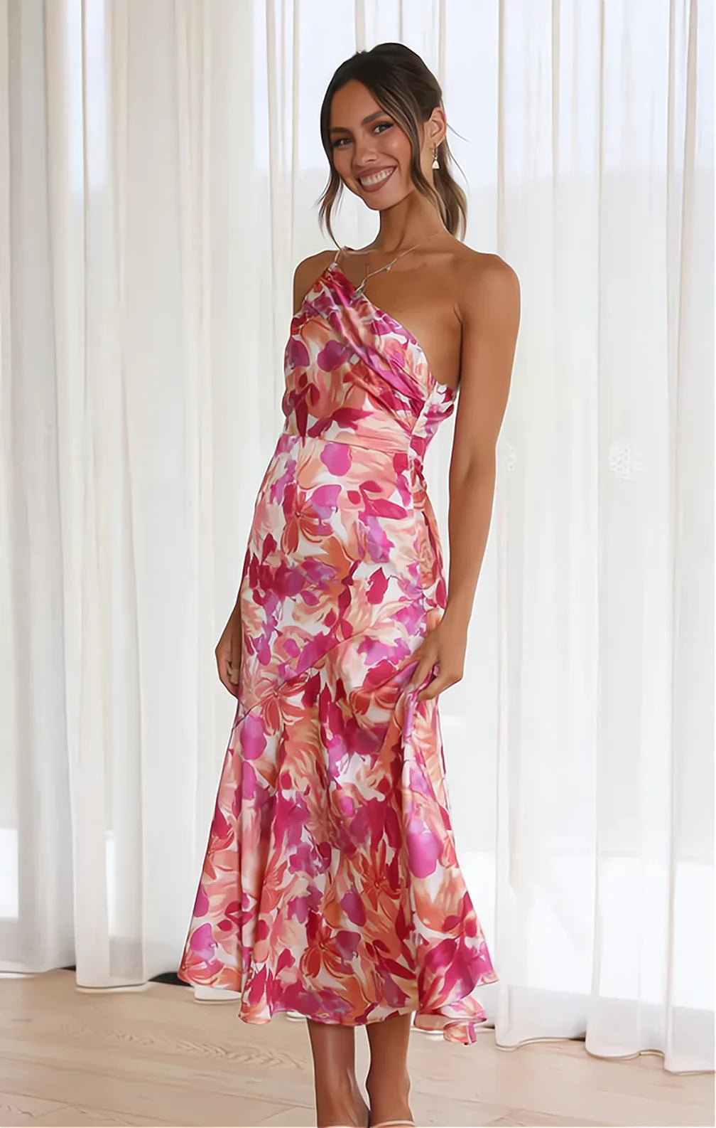 Robe Midi à Fleurs Roses à Une Épaule Femmes